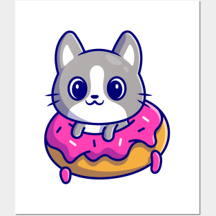 Cute Cat With Doughnut Cartoon Posters and Art